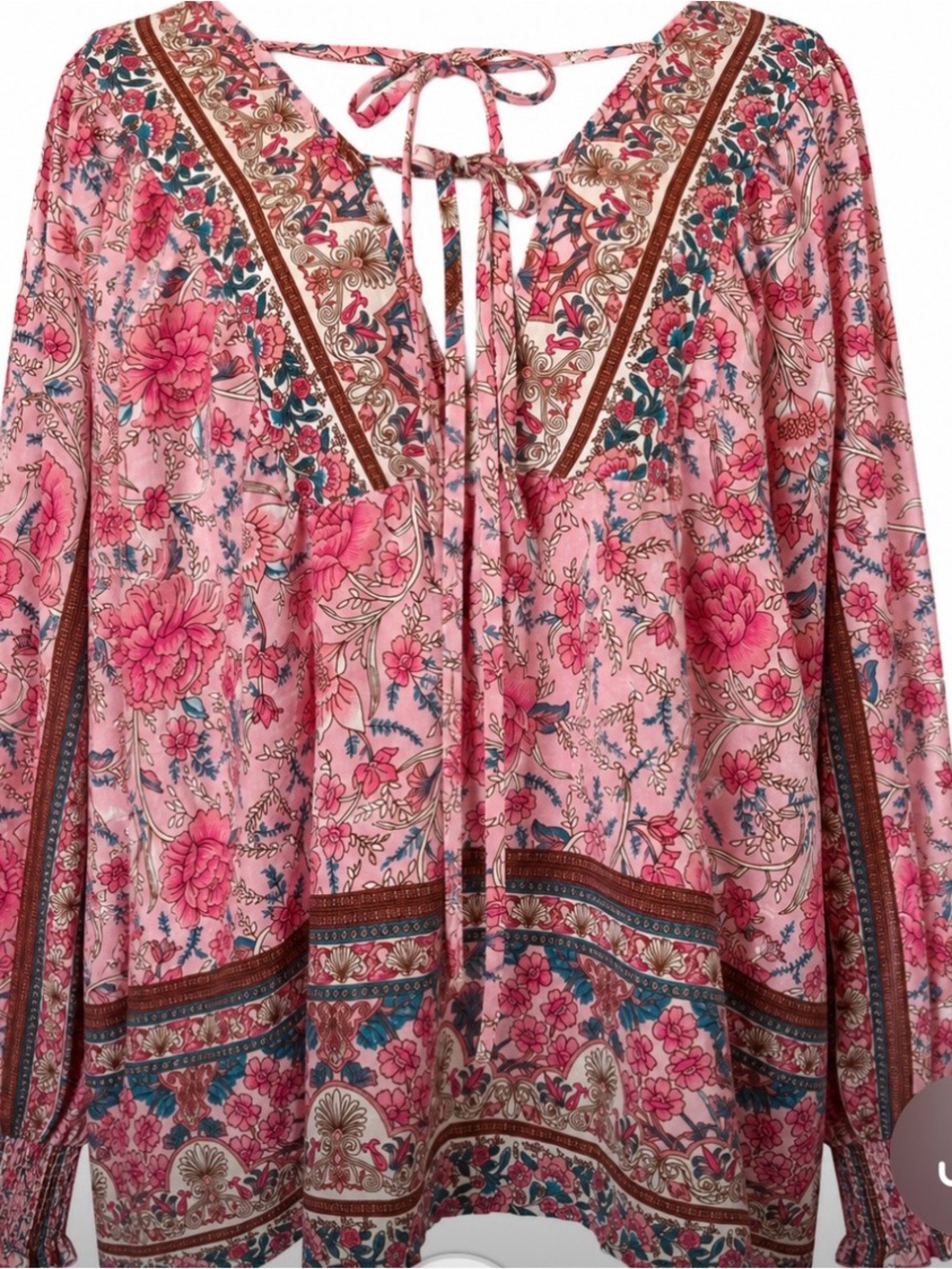 Pink Floral Boho Tunic Top Flowy Smocked Sleeve Cottagecore Vacation Blouse 1XL